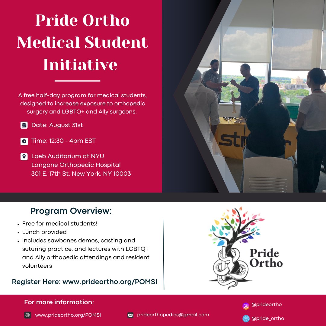 Registration is now open for our Pride Ortho Medical Student Initiative (POMSI) event in New York City on August 31st! 
Learn more and register here: prideortho.org/POMSI

We look forward to seeing you there!