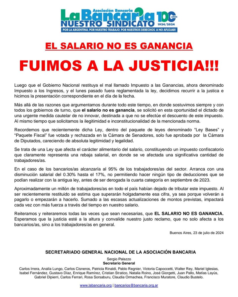 EL SALARIO NO ES GANANCIA.Esperamos que la justicia esté a la altura y convalide nuestro justo reclamo,que no solo afecta a los bancarios/as,sino a los trabajadores en general.<a href="/SergioOPalazzo/">Sergio Omar Palazzo</a> <a href="/FernandoRalGar1/">Fernando R. García</a> <a href="/carinamarma/">carina marmanelli 💚</a> <a href="/FulvMarcelo/">Ferrero Marcelo Fulv</a> <a href="/Amerodriguez27/">America Rodriguez</a> <a href="/juliobellabarba/">Julio</a> <a href="/meupadin/">M a r í a</a>