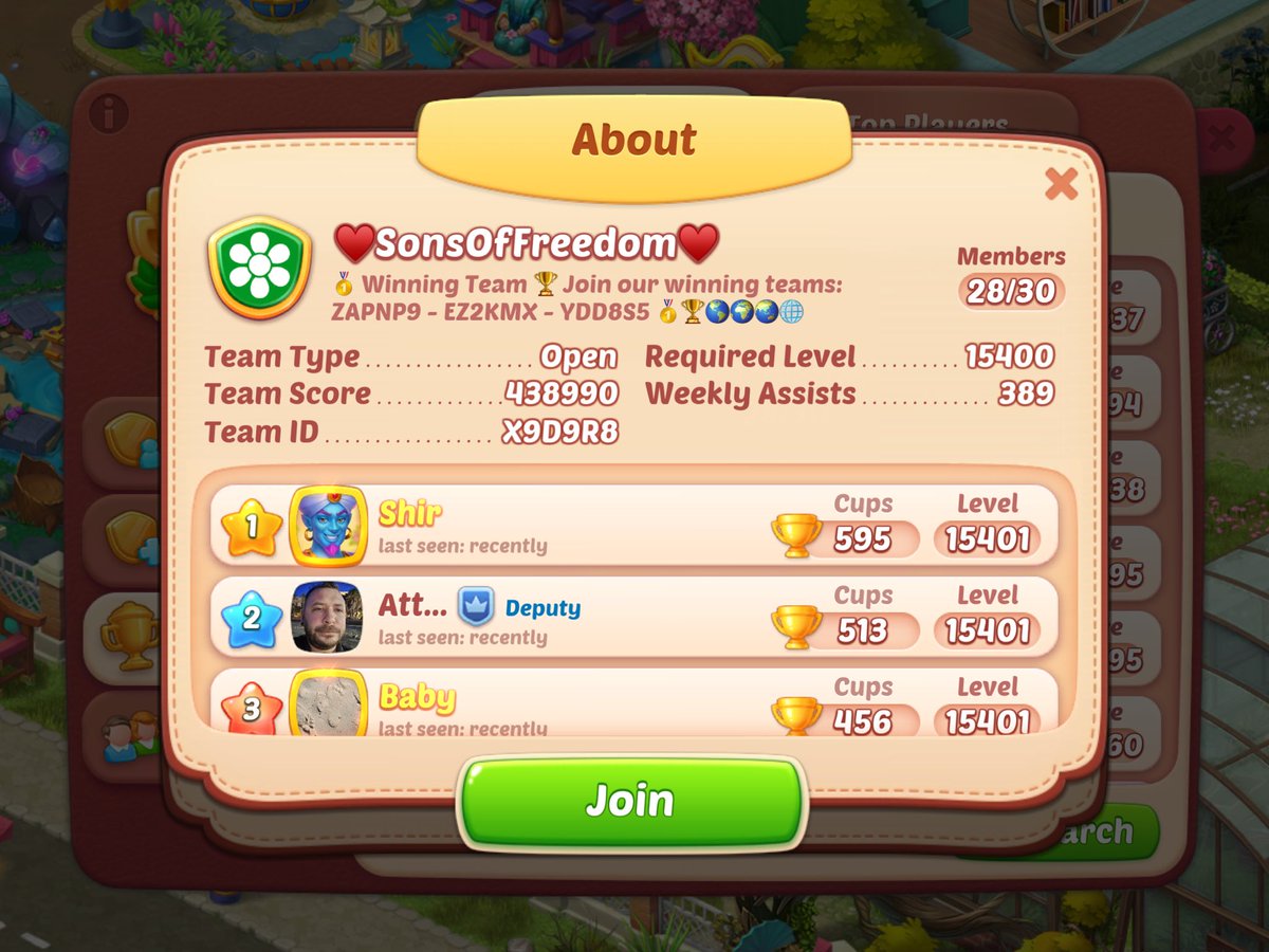 LiaDelVentoBNW's tweet image. ☺️We are looking players with cups🏆The names of our teams are: CooperStation EZ2KMX - SonsOfFreedom X9D9R8 - Hapax ZAPNP9 - TopChamps YDD8S5 (🏆Team among the best 30 in the world‼️🏆)
@homescapes @playrixrs #Homescapes #playrix