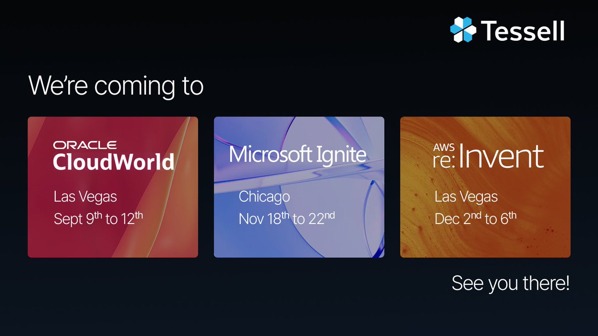 tessell_ai's tweet image. We are thrilled to announce that Tessell will be attending and sponsoring the three biggest cloud events of the year: Oracle Cloud World, Microsoft Ignite, and AWS re: Invent! It&apos;s going to be an eventful fall for our GTM team! 🚀 

#OracleCloudWorld #MicrosoftIgnite #AWSreInvent