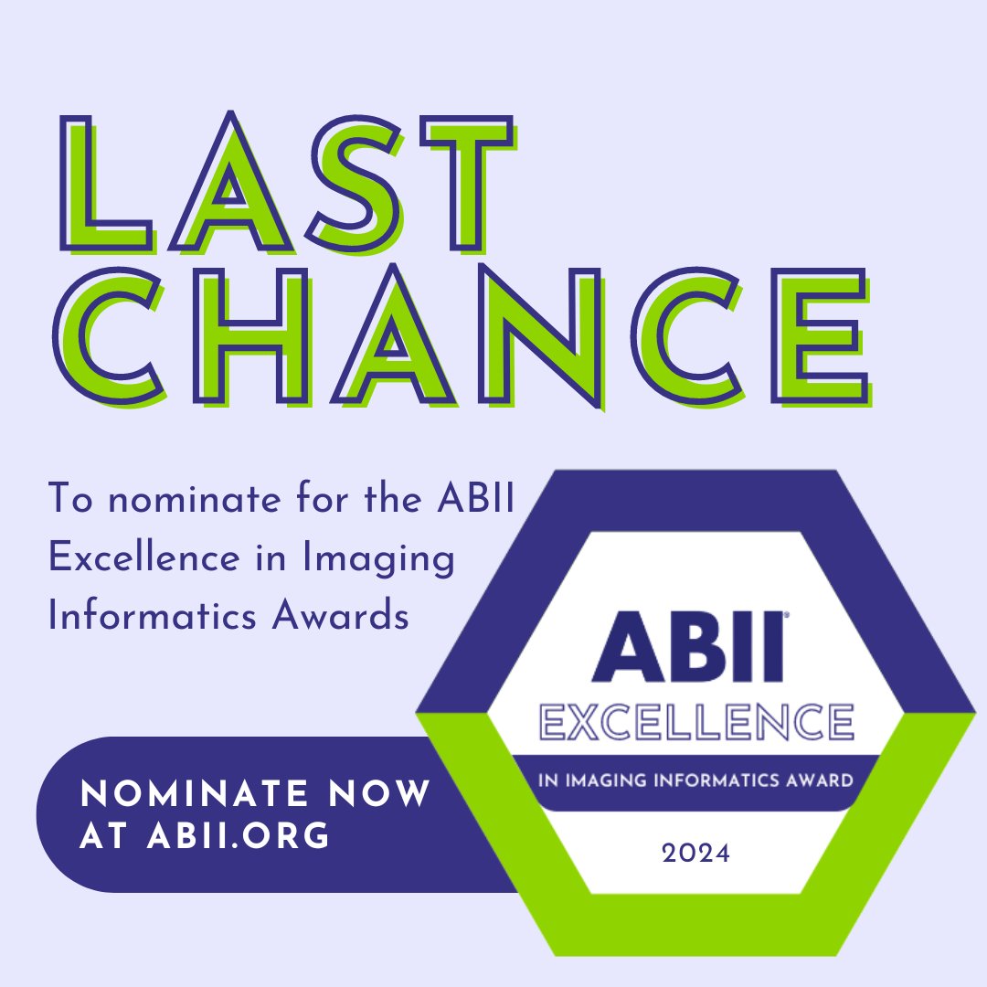 This is the final week to submit Excellence in Imaging Informatics Award nominations.

Nominate an excellent #CIIP or #Vendor for these awards at ABII.org.

Nominations close July 31.

#ExcellenceInImagingInformaticsAward #ABII #Excellence #ImagingInformatics