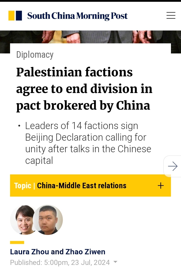 Berita besar!
Faksi-faksi politik Palestina menandatangani piagam persatuan yang dimediasi oleh China.
Kini Palestina bersatu melawan penjajahan Zionis. 🇵🇸