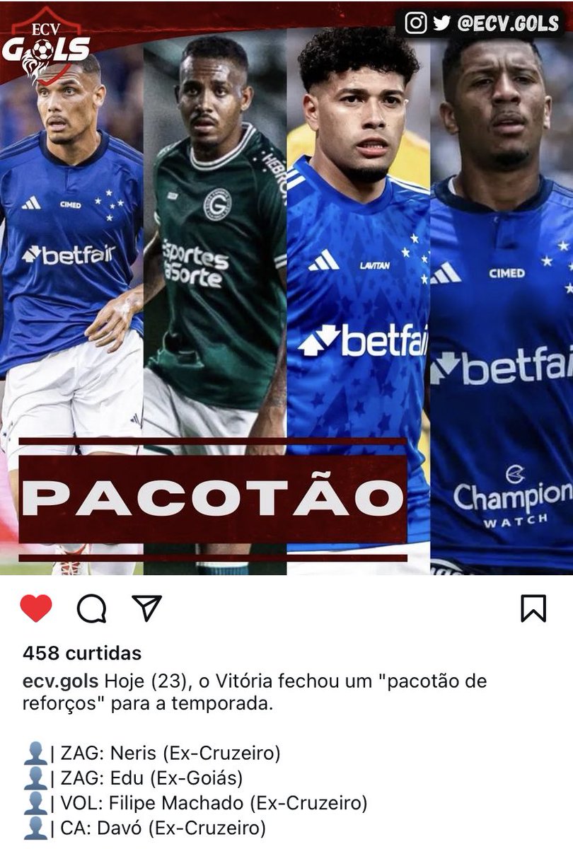 debateydebate's tweet photo. O PACOTÃO de “reforços” do Vitória pra tentar se salvar do rebaixamento:

• 1 zagueiro que a torcida do Cruzeiro trata como TENEBROSO

• 1 reserva do Goiás que nem entra na Série B

• 1 cara que não tenho opiniões (ufa)

• 1 jogador que tem 8 MESES sem jogar futebol

👏🏼🔥 https://t.co/Qb1oeSEf9M