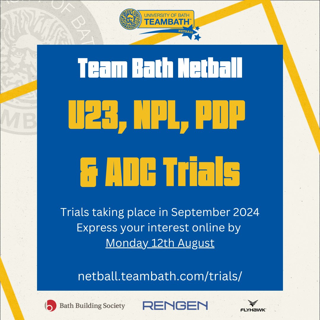 Want to be part of the #BlueAndGold for the 2024-25 season? 🙋‍♀️ 

Our new-look Team Bath Netball Player Pathway is in place and talented young players from the South West are invited to register their interest. 

Be quick - the deadline is 12th August! 

 netball.teambath.com/trials/