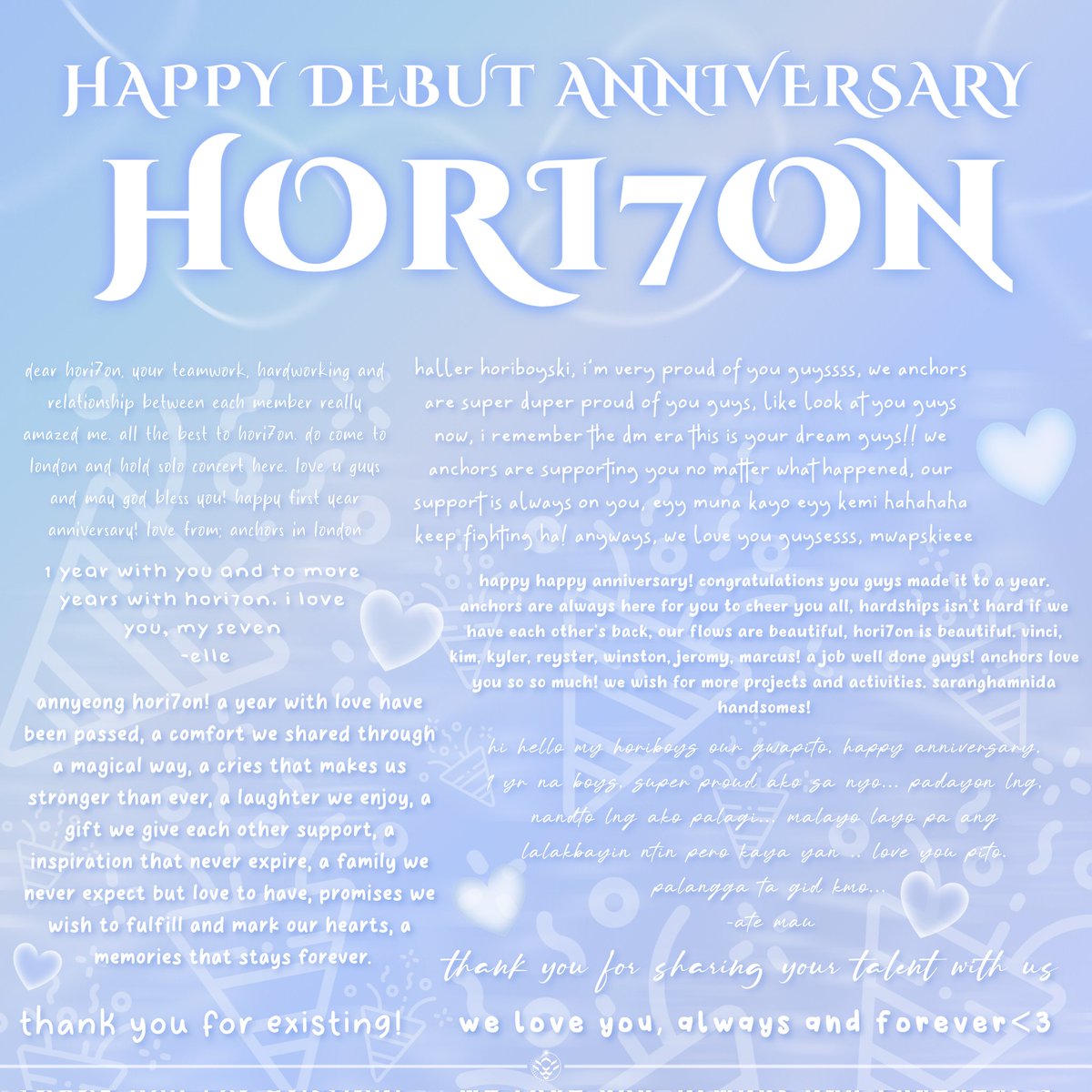 JeromyGlobal's tweet photo. [🎙] 240724 HORI7ON DEBUT ANNIVERSARY

These are some messages from anchors. We are encouraging everyone to QRT this post with your message for HORI7ON using our tags to each them!

A YEAR WITH HORI7ON

#HORI7ON1stAnniversary
#HORI7ON #JEROMY
#HORI7ON_JEROMY
@HORI7ONofficial https://t.co/MEbXiqrAoO