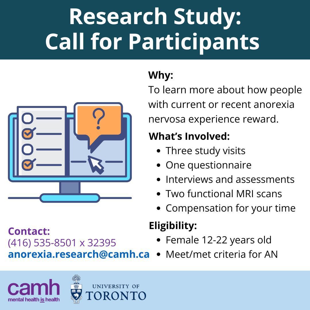 Eating Disorders Nova Scotia (@nsedrecovery) on Twitter photo The University of Toronto and CAMH are conducting a study led by Dr. Feusner about how individuals with current or recent anorexia nervosa experience reward. Interested or know someone who might be? Call (416) 535-8501 x 32395 or email anorexia.research@camh.ca for more info. The University of Toronto and CAMH are conducting a study led by Dr. Feusner about how individuals with current or recent anorexia nervosa experience reward. Interested or know someone who might be? Call (416) 535-8501 x 32395 or email anorexia.research@camh.ca for more info.