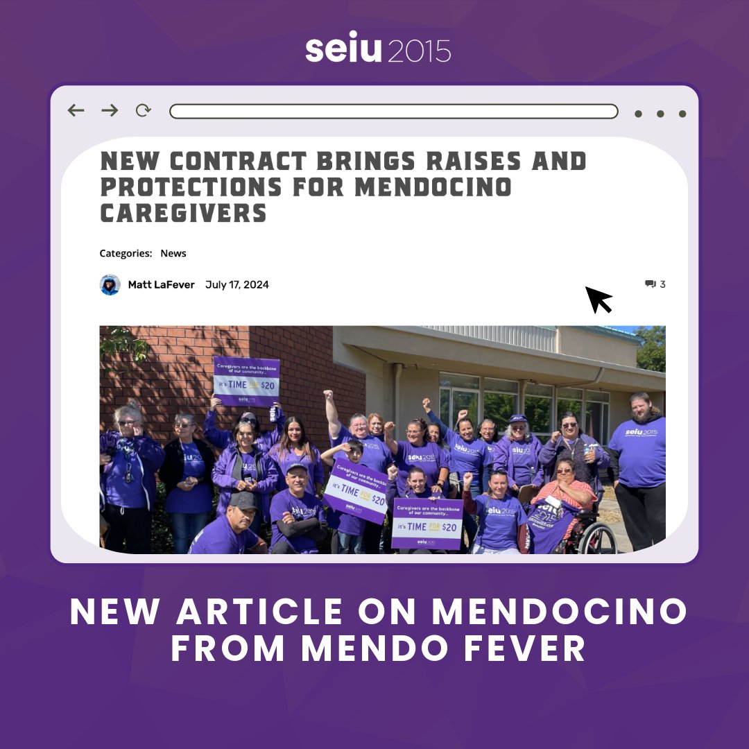 SEIU2015's tweet image. 🎉In case you missed it, Mendocino home care providers just ratified their new union contract, bringing them on a path to earn $20.31 by 2027. #PutCareFirst

Read news coverage from @MendoFever here: seiu2015.org/news-coverage-…