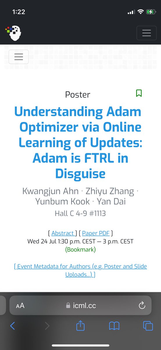 KwangjunA's tweet image. Come to my presentation of ICML 2024 paper tmrw at 1:30–3 pm!
We provide a new perspective on Adam optimizer based on online learning. In particular, our perspective shows the importance of Adam's key components. (video: youtu.be/AU39SNkkIsA)