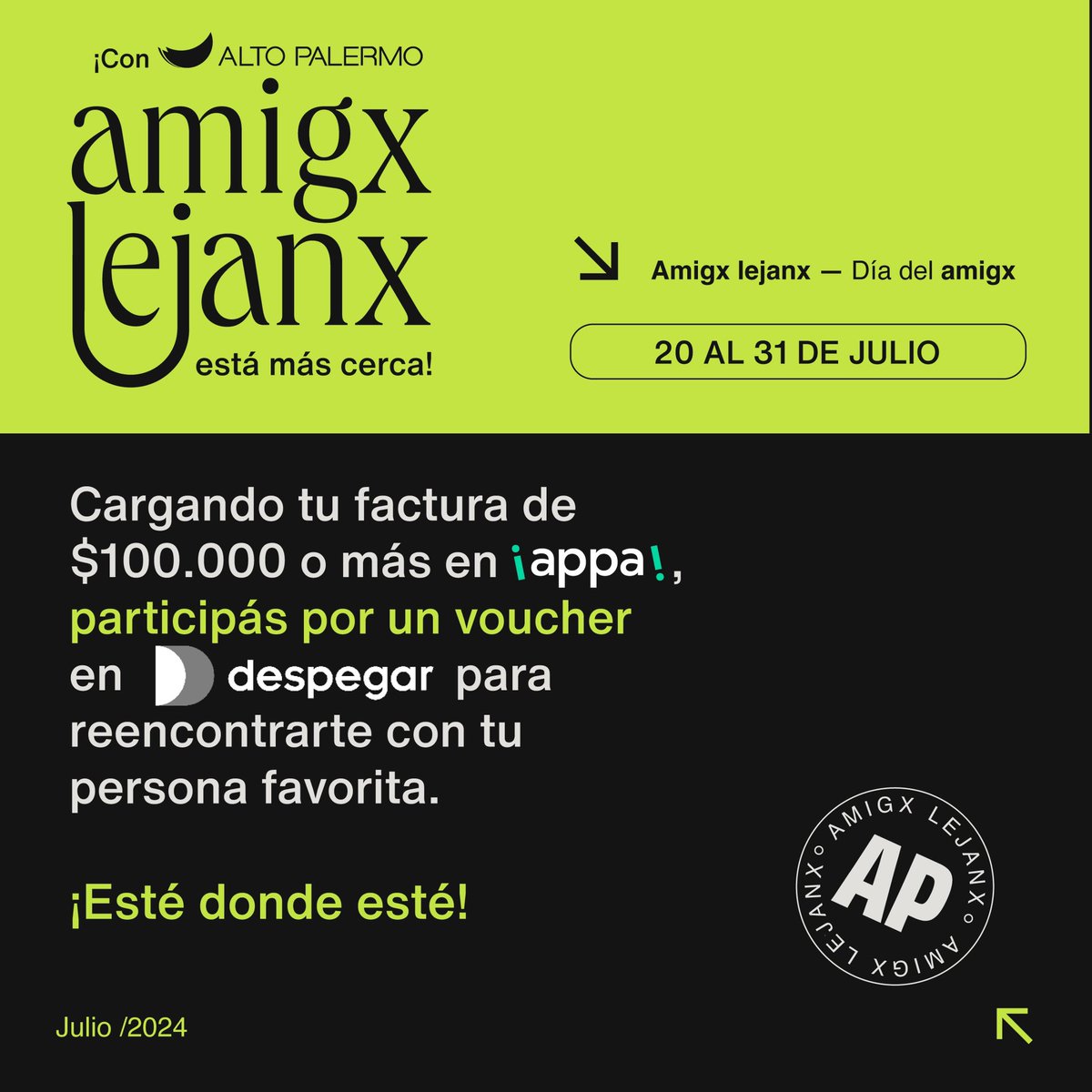Todxs tenemos un amigx que se fue a vivir lejos.

Todxs soñamos con volver a tenerlx cerca.

¿Querés ir a visitar a tu #AmigxLejanx? Alto Palermo y Despegar te llevan 🛫🛄

Mirá 👇