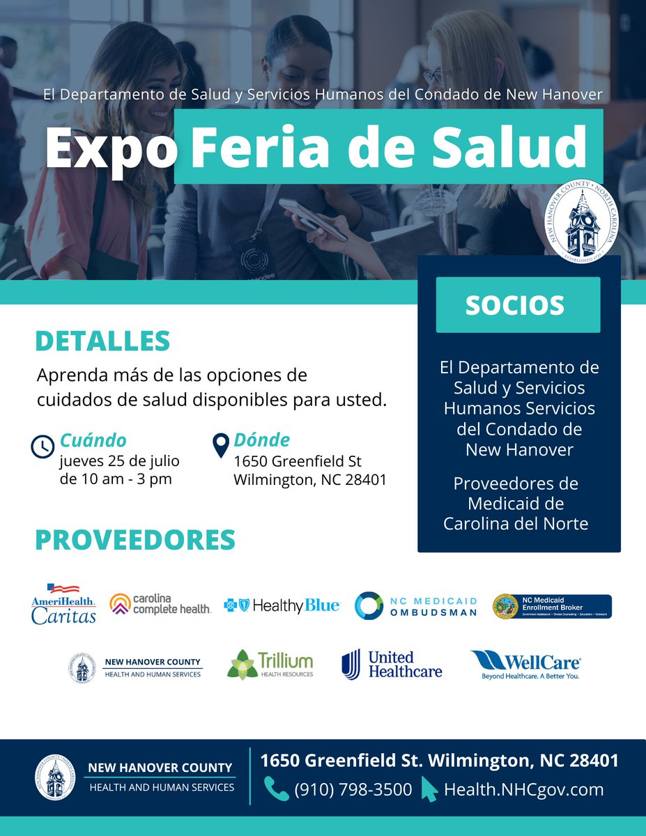nhchealth's tweet photo. Únase a @nhchealth, @ncdhhs y socios comunitarios el jueves 25 de julio de 10 am-3 pm en el edificio del HHS. Los proveedores estarán alli para discutir opciones de Medicaid y otras opciones de atención médica que pueden estar disponibles para usted. https://t.co/LW1hAUmmDG