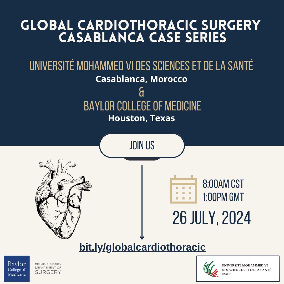 🌍 Join us this Friday for our Global Cardiothoracic Surgery Casablanca Case Series! 

<a href="/BCM_Thoracic/">David J. Sugarbaker Division of Thoracic Surgery</a> &amp; <a href="/UM6SS/">UM6SS</a> will be focusing on Innovation and Collaboration in the field of thoracic surgery. 

#globalsurgery #cardiothoracicsurgery #surgicaleducation