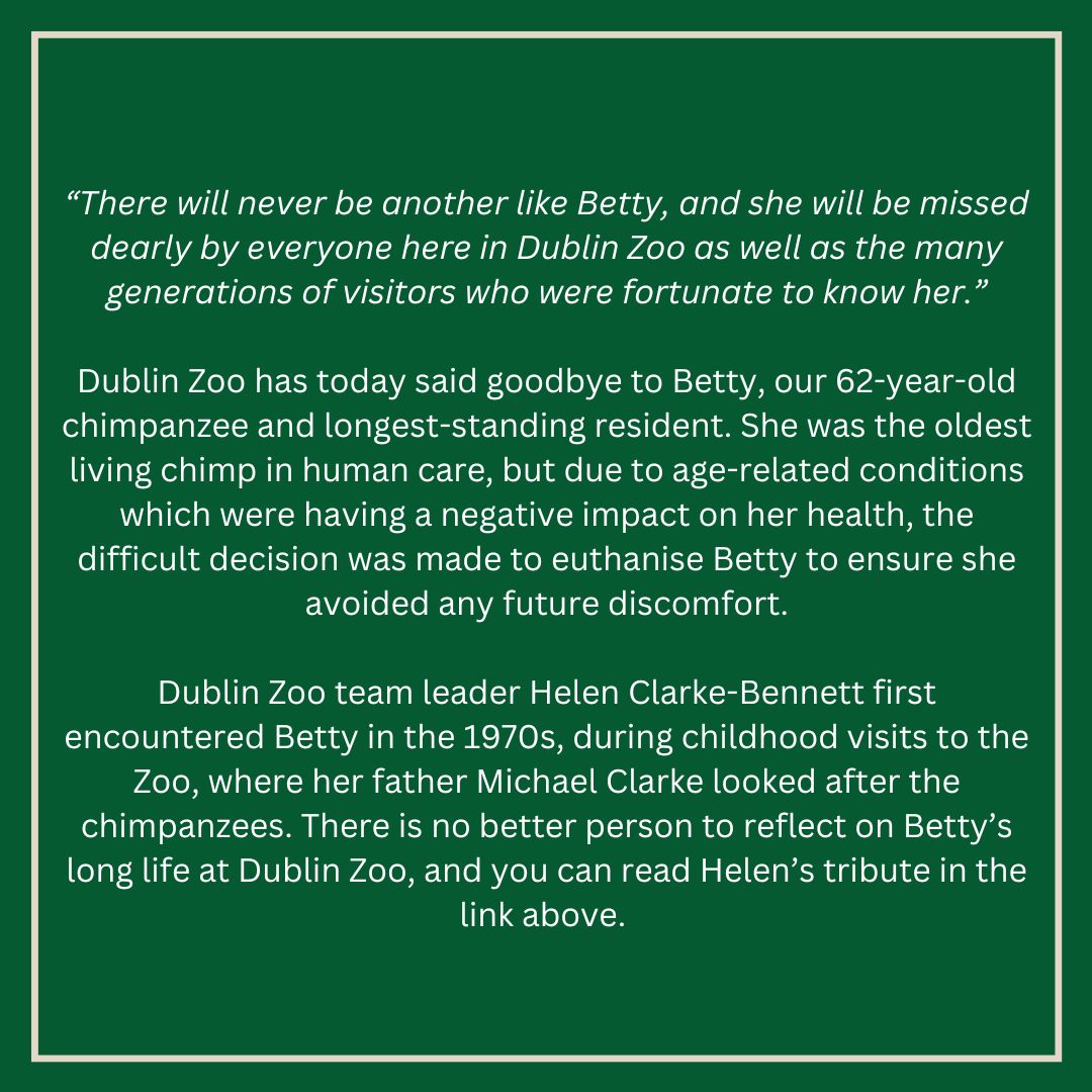 “There will never be another like Betty, and she will be missed dearly by everyone here in Dublin Zoo as well as the many generations of visitors who were fortunate to know her.”

dublinzoo.ie/animals/dublin…