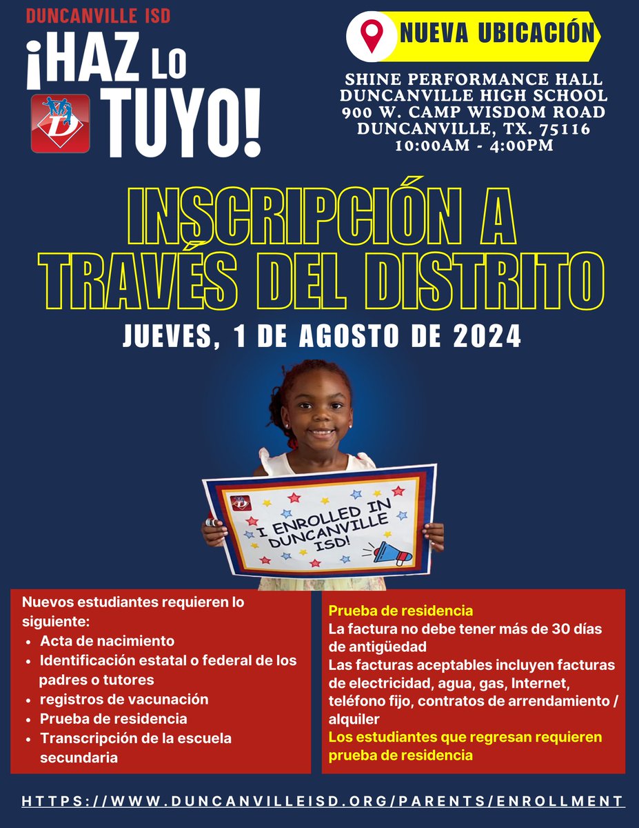 Duncanville ISD! The 1st day of school is August 13, 2024. Are you ready? If not, we're here to help you get your student registered and ready for #DvilleDayOne 📝