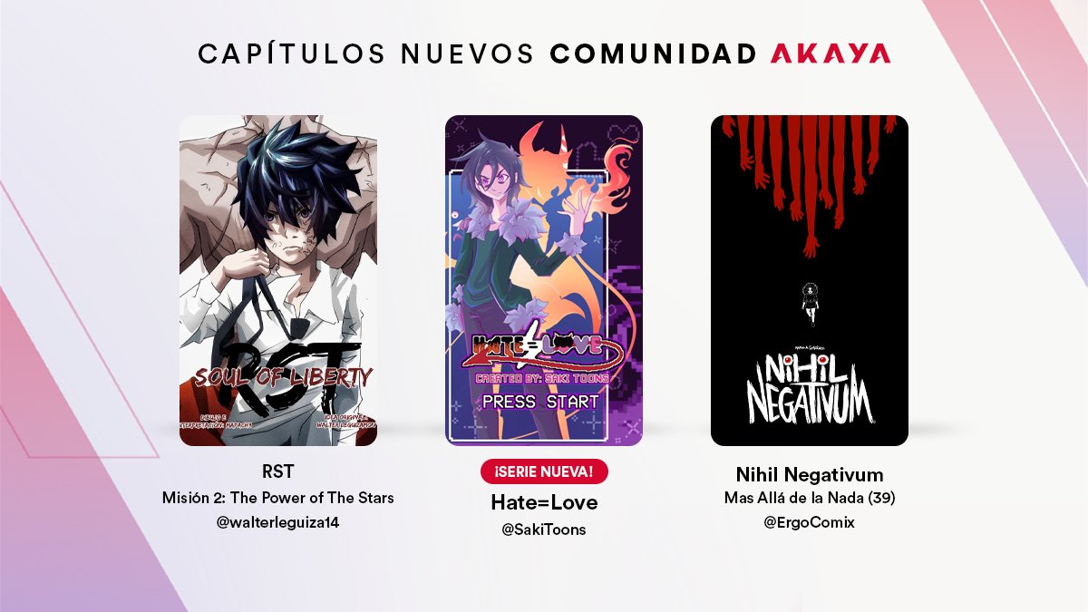 AkayaMedia's tweet photo. ¡Si buscas leer algo nuevo y con historias muy interesantes, descubre los nuevos capítulos de nuestra Comunidad AKAYA! 🤩🙌

¡Sigue a los artistas!
@walterleguiza14 
@SakiToons 
@ErgoComix 

#akaya #webcomics #webcomicartist #webcomicapp #webcomicrecommendation https://t.co/udpLGpQFzn