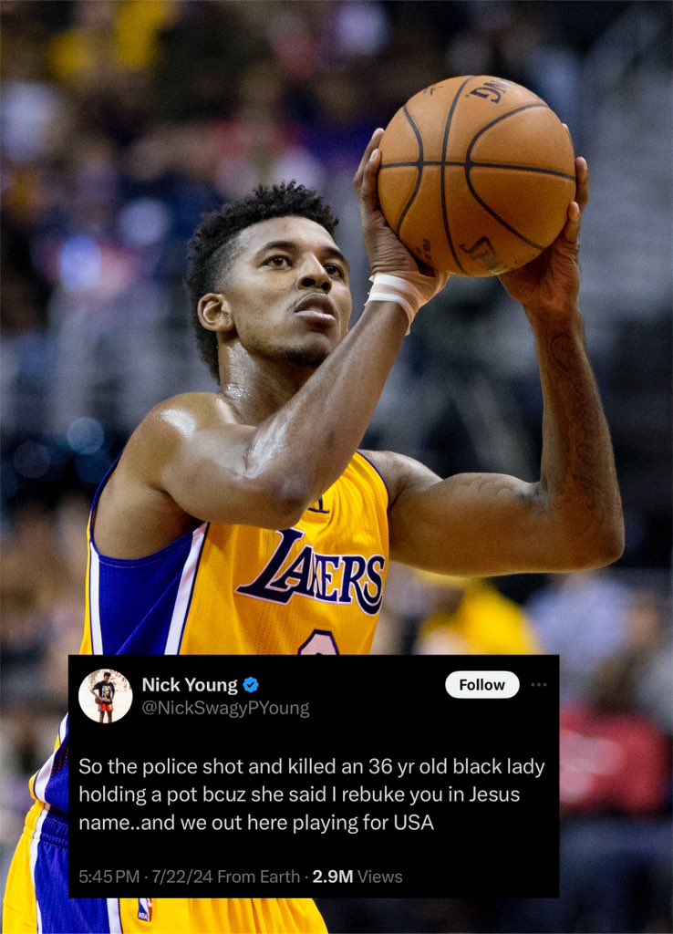 YPFPodcast_'s tweet photo. Former #NBA player #NickYoung is criticizing #TeamUSA for playing in the #Paris2024 #Olympics amid viral news of the killing of #SonyaMassey https://t.co/xSq0Q4mbNt