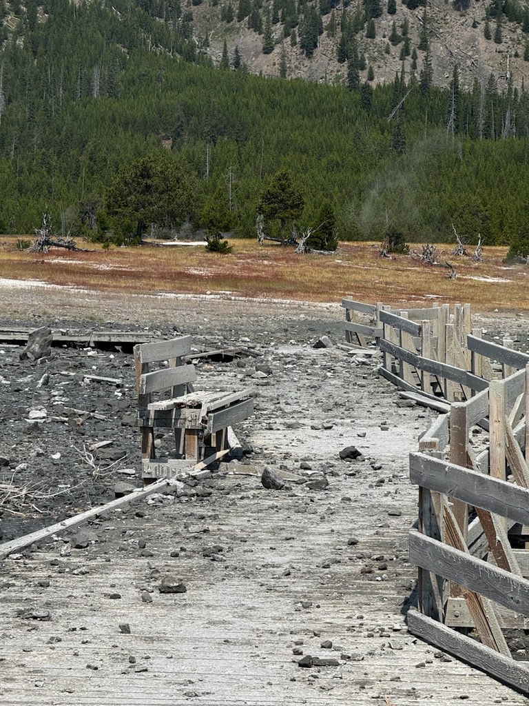 Hydrothermal explosion at Yellowstone's Biscuit Basin damages boardwalk on July 23, 2024. NPS Photo.
