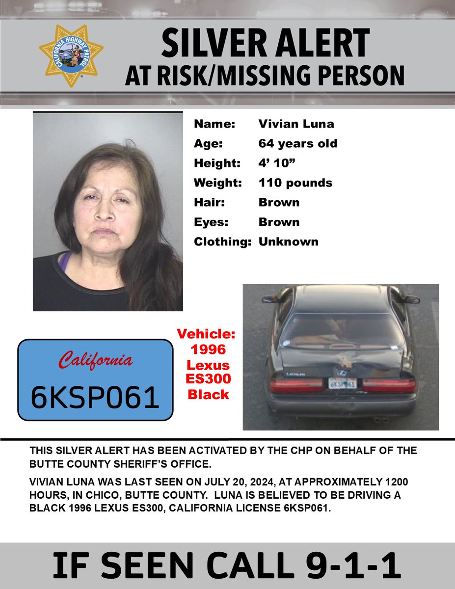 CHP - Alerts (@chpalerts) on Twitter photo Silver Alert - Butte, Tehama, Shasta and Siskiyou Counties
Last seen: Springfield Drive and Shari Lane, Chico
<a href="/ButteSheriff/">Butte County Sheriff</a> Silver Alert - Butte, Tehama, Shasta and Siskiyou Counties
Last seen: Springfield Drive and Shari Lane, Chico
<a href="/ButteSheriff/">Butte County Sheriff</a>