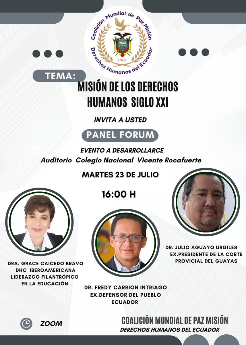 PrisSchettini's tweet image. Hoy en Guayaquil a las 16h00 #FreddyCarrion Ex Defensor del Pueblo realizará una ponencia a nuestros jóvenes

Tema: Crisis de la Humanidad es cuestión de Derechos Humanos

Gracias la invitación Coalición Mundial de Paz