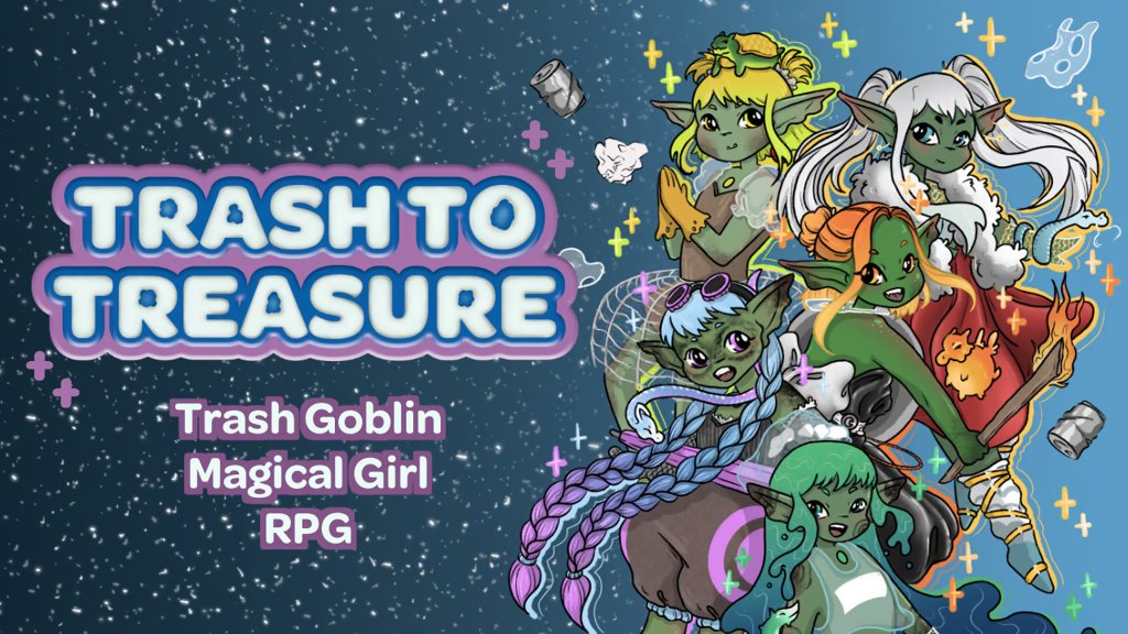 ResidentBard's tweet image. Coming this October: A magical girl RPG featuring... Trash Goblins?  

Get up to your big green ears in garbage, turn it to magic, and save the city from pollution! 🪄🗑️