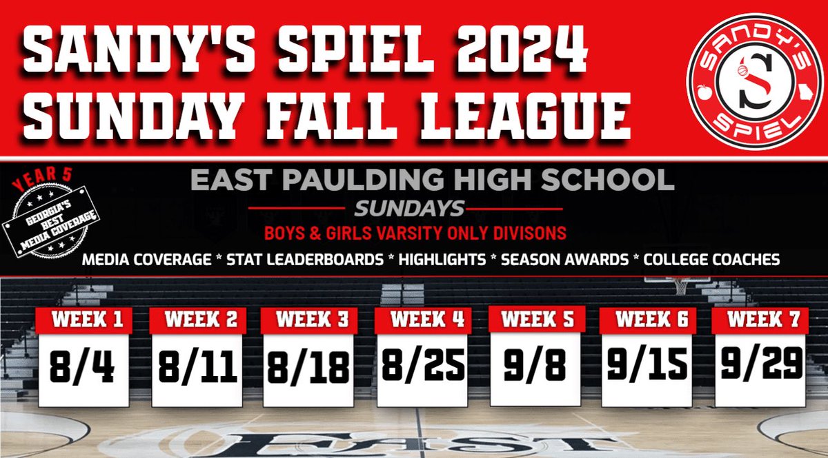 Kyle Sandy (@kylesandy355) on Twitter photo Sandy’s Spiel Sunday Fall League
📍<a href="/BballEp/">EPRaidersBoysBball</a>
<a href="/AllatoonaHoops/">Allatoona Boys Basketball</a> <a href="/DarlingtonHoops/">DarlingtonBasketball</a> <a href="/LithiaHoops/">Lithia Springs Boys Basketball</a> <a href="/WoodstockBball/">Woodstock Basketball</a> <a href="/SPHSbball/">SPHS Boys Basketball</a> <a href="/WHS_BoysHoops/">Whitewater Wildcats Boys Basketball</a> <a href="/WHS_CATS_BBALL/">WOODLAND WILDCATS BASKETBALL</a> <a href="/woodstockgbb/">WoodstockGBB</a> <a href="/ALX_GBasketball/">ALX Girls Basketball</a> <a href="/PCHS_WBB/">Paulding County Ladies Basketball 🏀</a> <a href="/hillgrove_wbb/">Hillgrove Hawks WBB</a> @LadyNoles_CHS <a href="/ladyhoundsbb/">Lady Greyhounds</a>
SCHEDULE: sandysspiel.com/2024-sandys-sp… Sandy’s Spiel Sunday Fall League
📍<a href="/BballEp/">EPRaidersBoysBball</a>
<a href="/AllatoonaHoops/">Allatoona Boys Basketball</a> <a href="/DarlingtonHoops/">DarlingtonBasketball</a> <a href="/LithiaHoops/">Lithia Springs Boys Basketball</a> <a href="/WoodstockBball/">Woodstock Basketball</a> <a href="/SPHSbball/">SPHS Boys Basketball</a> <a href="/WHS_BoysHoops/">Whitewater Wildcats Boys Basketball</a> <a href="/WHS_CATS_BBALL/">WOODLAND WILDCATS BASKETBALL</a> <a href="/woodstockgbb/">WoodstockGBB</a> <a href="/ALX_GBasketball/">ALX Girls Basketball</a> <a href="/PCHS_WBB/">Paulding County Ladies Basketball 🏀</a> <a href="/hillgrove_wbb/">Hillgrove Hawks WBB</a> @LadyNoles_CHS <a href="/ladyhoundsbb/">Lady Greyhounds</a>
SCHEDULE: sandysspiel.com/2024-sandys-sp…