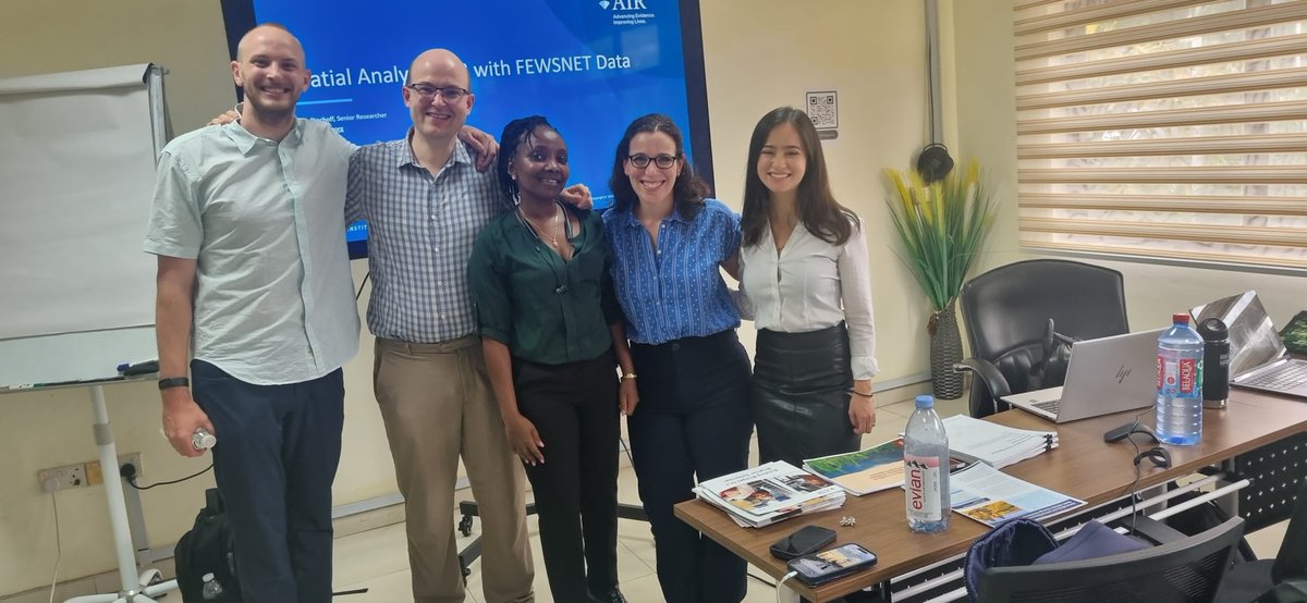 AIR's Jacob Stoll, @Thomasdehoop1, <a href="/mackyenze/">Agnes Kyenze</a>, @JessiePinchoff, and Evelyn Shu after leading a Laboratory on Integrating <a href="/FEWSNET/">FEWS NET</a> and survey data at the Evidence to Action conference. #E2A2024