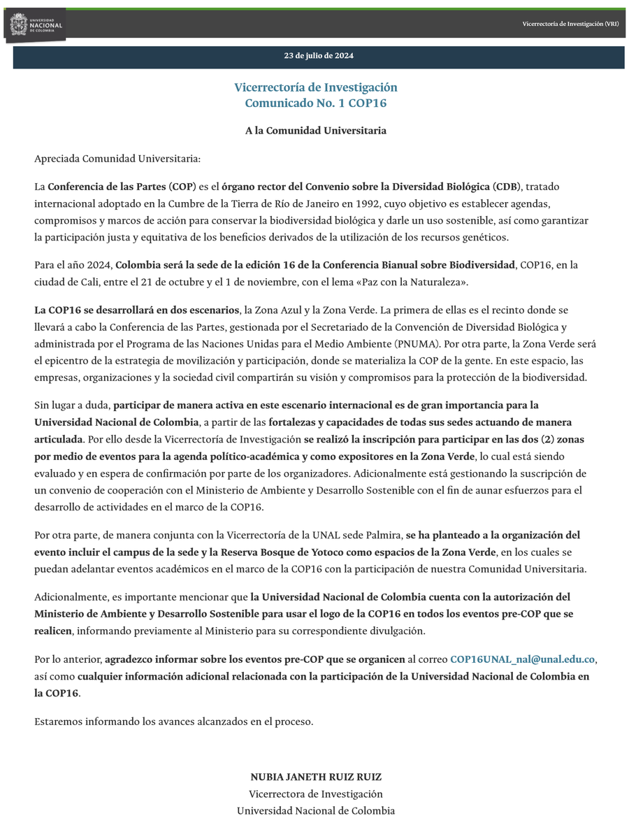 VRIUNAL's tweet photo. Comunicado No. 1 #COP16 @VRIUNAL a la Comunidad Universitaria @UNALoficial: https://t.co/0rtoTKsD2W

@MuneraLeopoldo @NYRUIZR @PrensaUNAL @DIEB_UNAL @DIEUNMED @SedeManUNAL @PalmiraUNAL @delaPazUNAL @AmazoniaUNAL @OrinoquiaUNAL @CaribeUNAL @TumacoUNAL #UNAL https://t.co/aVvnbgS9w5