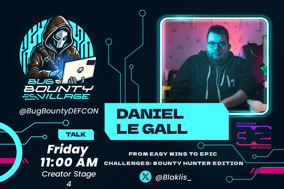 Don't miss "From Easy Wins to Epic Challenges: Bounty Hunter Edition" by Daniel Le Gall (<a href="/Blaklis_/">Blaklis</a>)! 📅 Friday, Aug 9 ⏰ 11 AM 📍 Creator Stage 4 #BugBounty #DEFCON