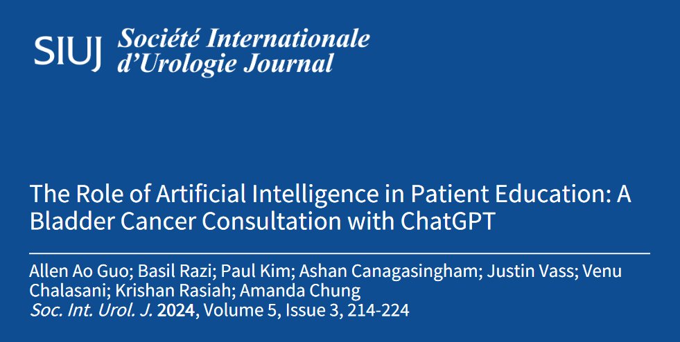 In the latest issue of #SIUJ, the authors evaluated #ChatGPT as a potential supplement to #urological clinical practice by exploring its capacity, efficacy and accuracy when delivering information on frequently asked questions from patients with #bladder cancer.
#OpenAccess