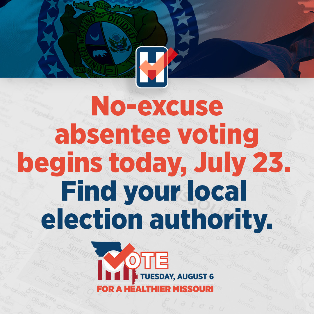 Starting today through Monday, Aug. 5, you may vote a no-excuse absentee ballot in person at your local election authority.

Find your local election authority and read about MHA's endorsed candidates: web.mhanet.com/advocacy/2024-…
#GetOutTheVote | #Missouri | #MoLeg | #primaryelection