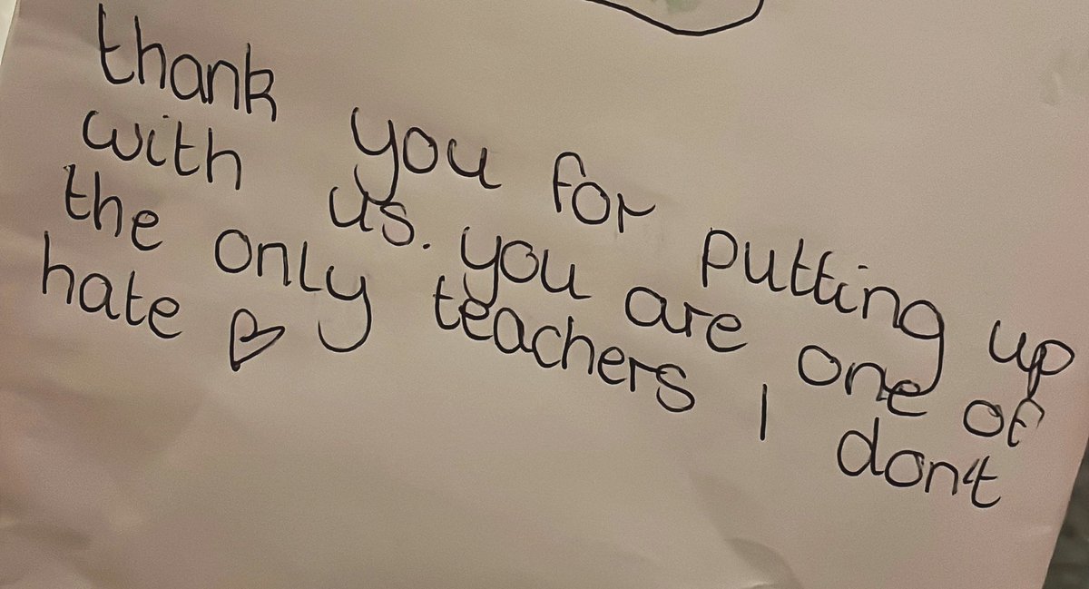 MrsJame5's tweet photo. Last day tomorrow before I venture on to pastures new in September. The pupils have been so incredibly generous in my departure, from a homemade cake, vouchers, copious amounts of chocolate to a handmade card which included this message 👇🏼 it’s genuinely made my year!   🤩 https://t.co/K8Pk1udbB6