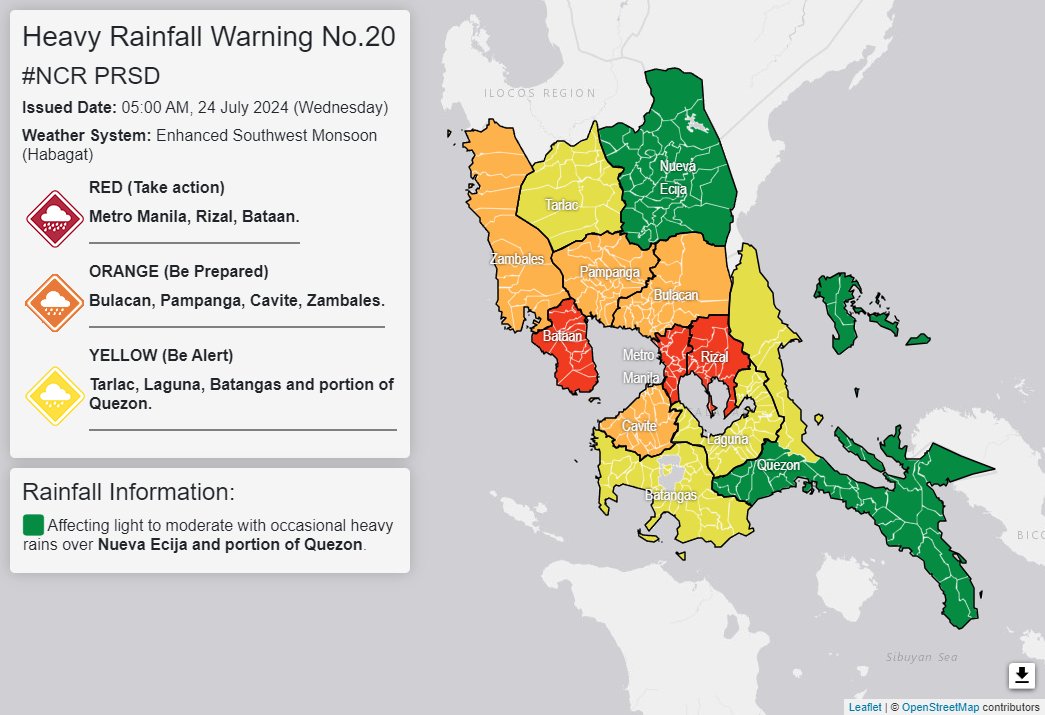 dost_pagasa's tweet photo. Heavy Rainfall Warning No. 20 #NCR_PRSD
Weather System: Enhanced Southwest Monsoon (Habagat)
Issued at: 5:00 AM, 24 July 2024(Wednesday)

RED WARNING LEVEL: Metro Manila, Rizal and Bataan.
ASSOCIATED HAZARD: Serious FLOODING is expected in flood-prone areas.

ORANGE WARNING LEVEL: Bulacan, Pampanga, Cavite and Zambales.
ASSOCIATED HAZARD: FLOODING is THREATENING.

YELLOW WARNING LEVEL: Tarlac, Laguna, Batangas and Quezon(General Nakar, Infanta, Real, Mauban, Sampaloc).
ASSOCIATED HAZARD: Possible FLOODING in flood-prone areas.

Meanwhile, light to moderate with occasional heavy rains affecting Nueva Ecija and other areas of Quezon which may persist within 3 hours.

The public and the Disaster Risk Reduction and Management Offices concerned are advised to MONITOR the weather condition and watch for the next warning to be issued at 8:00 AM today.

For more information and queries, please call telephone numbers 8927-1335 and 8927-2877 or log on to https://t.co/59mTpZJq1n.
