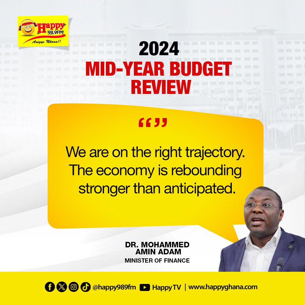 HAPPY989FM's tweet photo. 2024 Mid-Year Budget Review:
We are on the right trajectory. The economy is rebounding stronger than anticipated - Dr. Mohammed Amin Adam, Finance Minister
#GhBudget
#HappyGhana https://t.co/9Ai2r1K6UE