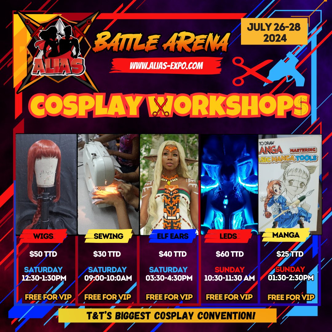 alias_expo's tweet photo. Here are our finalised workshop prices and time slots!!
For the very first time at a local convention, you can learn a plethora of cosplay skills from some of the best cosplayers in the country! https://t.co/ckr87Vn0Nc