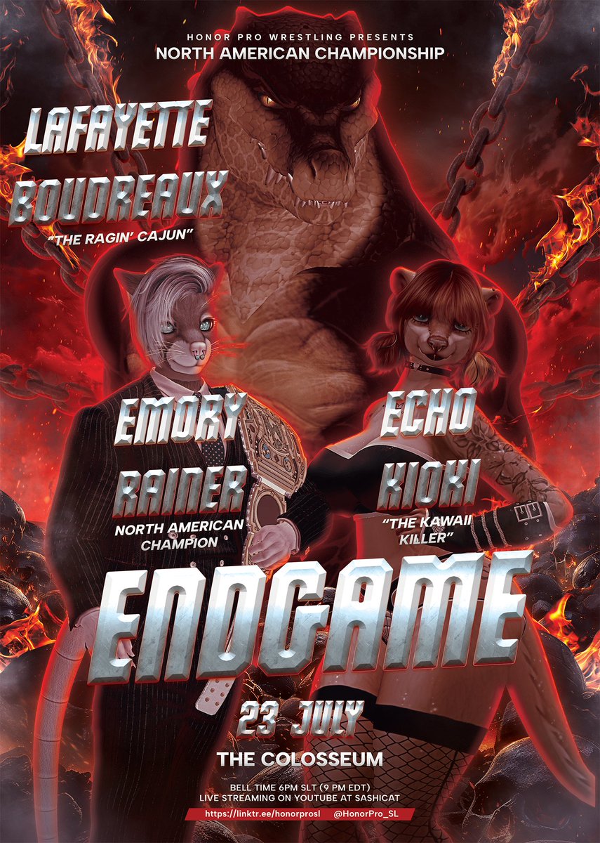 TONIGHT on END GAME DAY 2!

Emory vs Echo vs Lafayette in a Submissions Only match for the North American Championship.

maps.secondlife.com/secondlife/Ser…

Follow us: linktr.ee/honorprosl