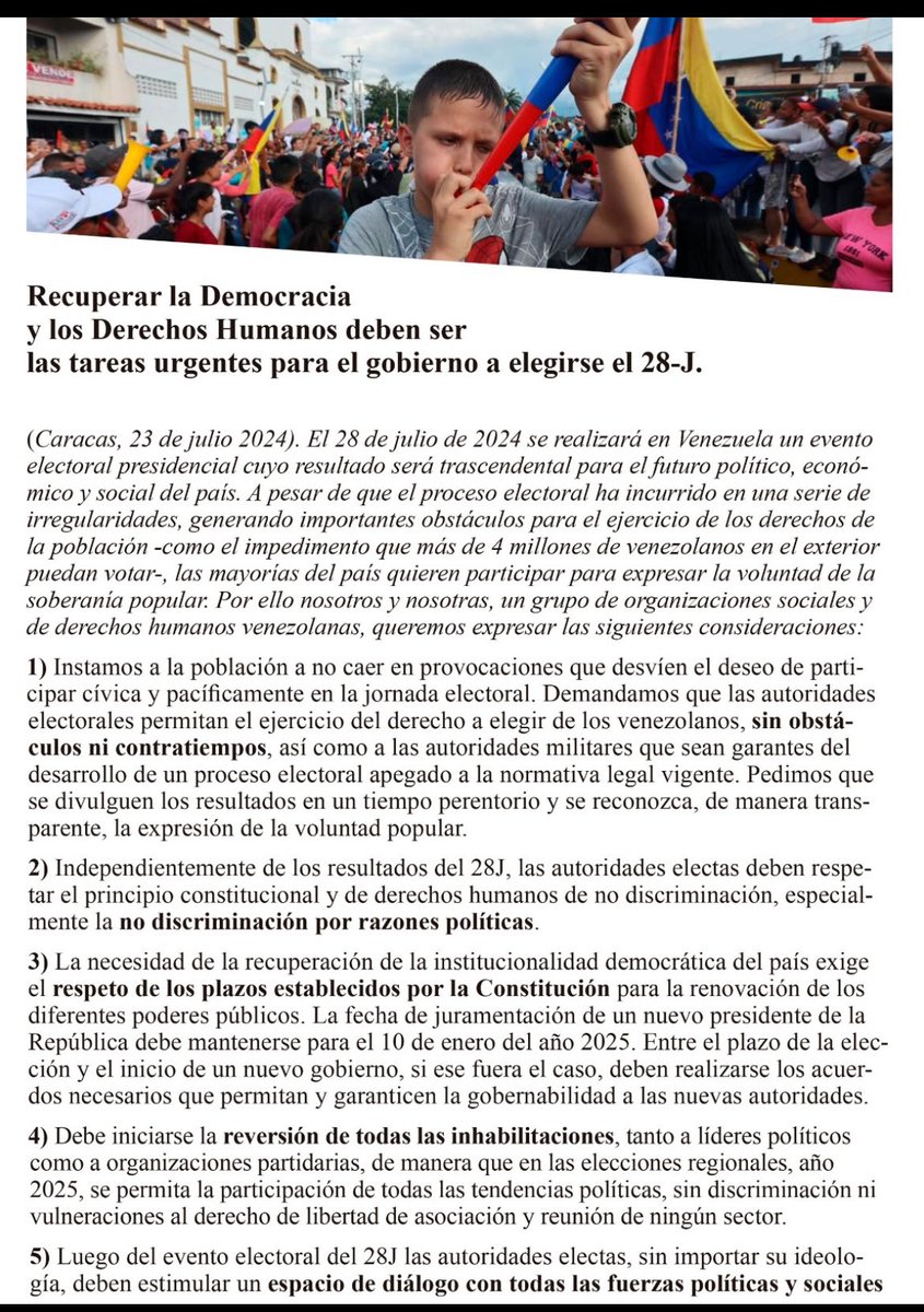 FundehullanVzla's tweet photo. Hoy #23deJulio 43 ONG exigimos que no haya obstáculos en el  ejercicio del derecho ciudadano a elegir y hacemos peticiones para después del 28-J #DemocraciaEsDDHH https://t.co/rvZcdjEnb7