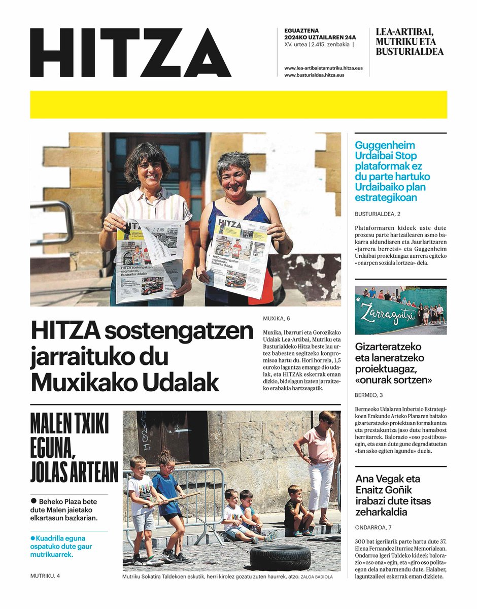 HITZAbusturia's tweet photo. 🗞GAURKO AZALA (eguaztena, uztailak 24)
https://t.co/P2ZTki0hQJ
#Muxika #HITZA #hitzarmena @ehbildu_muxika #euskara #komunikazioa #Mutriku #malenak #jaiak @MutrikukoUdala #MalenTxikiEguna @guggenurdaibai #guggenheim #Urdaibai #Bermeo @BermeokoUdala #kirola #igeriketa #Ondarroa https://t.co/AVS6uFd5PM