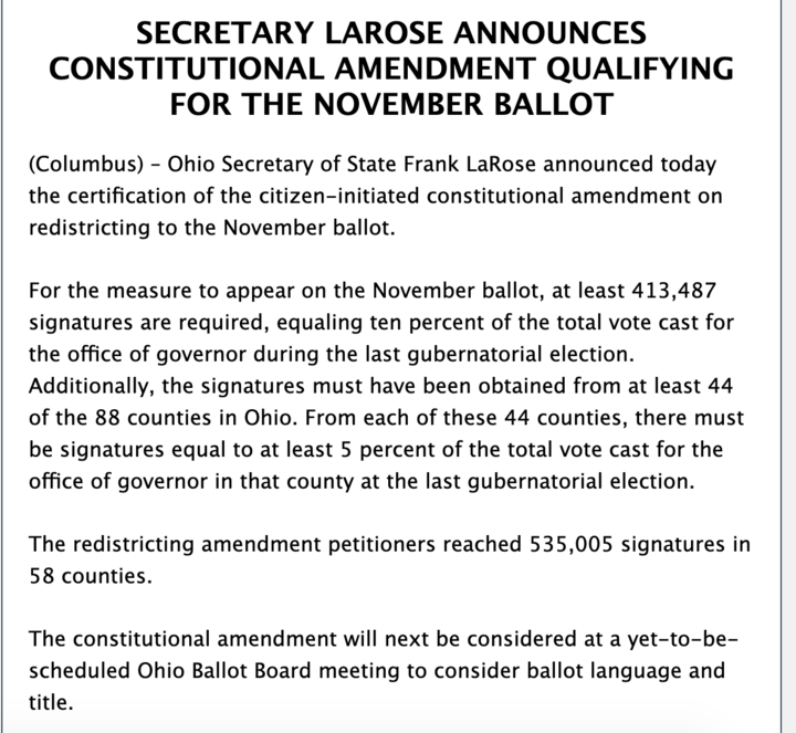 OhFairDistricts's tweet photo. SECRETARY LAROSE ANNOUNCES CONSTITUTIONAL AMENDMENT QUALIFYING FOR THE NOVEMBER BALLOT https://t.co/pVcNegCiGD