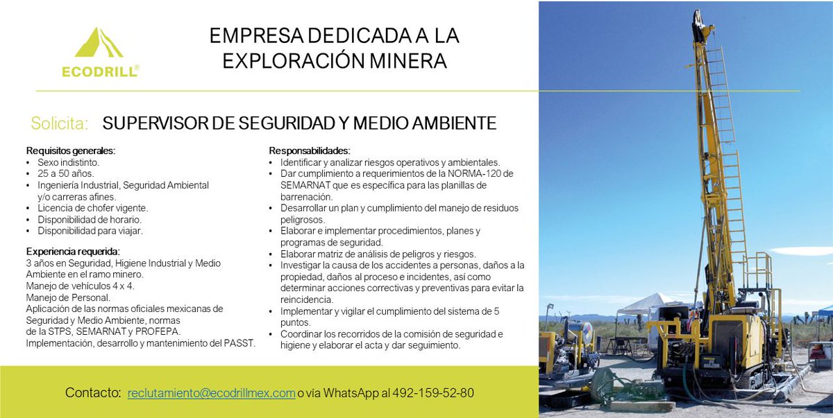 EcodrillMining's tweet photo. Contamos con dos #Vacantes en #ECODRILL
Supervisor de Seguridad y Medio Ambiente y Médico Laboral.
Revisa los requisitos y aplica enviando tu CV al correo reclutamiento@ecodrillmex.com #ESR 👷‍♂️👷‍♀️👨‍⚕️👩‍⚕️⛏ https://t.co/Md9mWddQTa