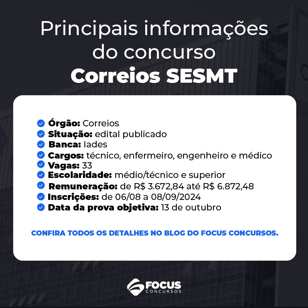 Concurso  Correios SESMT foi publicado para os cargos: 
Técnico em Segurança do Trabalho: R$ 3.672,84
 Enfermeiro do Trabalho: R$ 6.583,54
 Engenheiro em Segurança do Trabalho: R$ 6.872,48
 Médico do Trabalho: iniciais de R$ 6.872,48

Confira todos os detalhes no blog do Focus