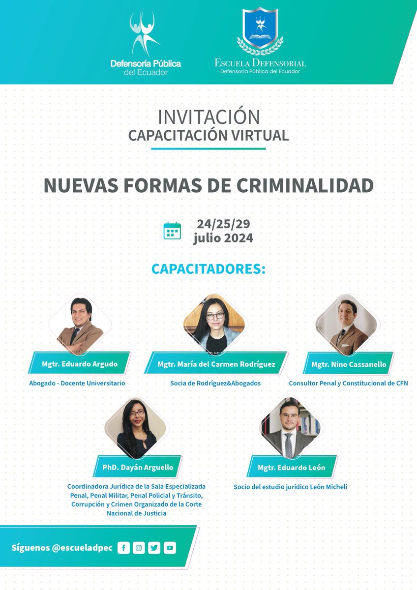🔹 #CapacitaciónPermanente 🔹

¡No te pierdas la capacitación virtual "Nuevas Formas de Criminalidad"! 📚💻

🗓 Fechas: 24, 25 y 29 de julio

🕙 Mañana: Ciberdelitos sexuales, con Mgtr. Eduardo Argudo
⏰ Hora: 10:00 a 12:00

🔗 Zoom:
ID: 864 7409 1954
Contraseña: 446741