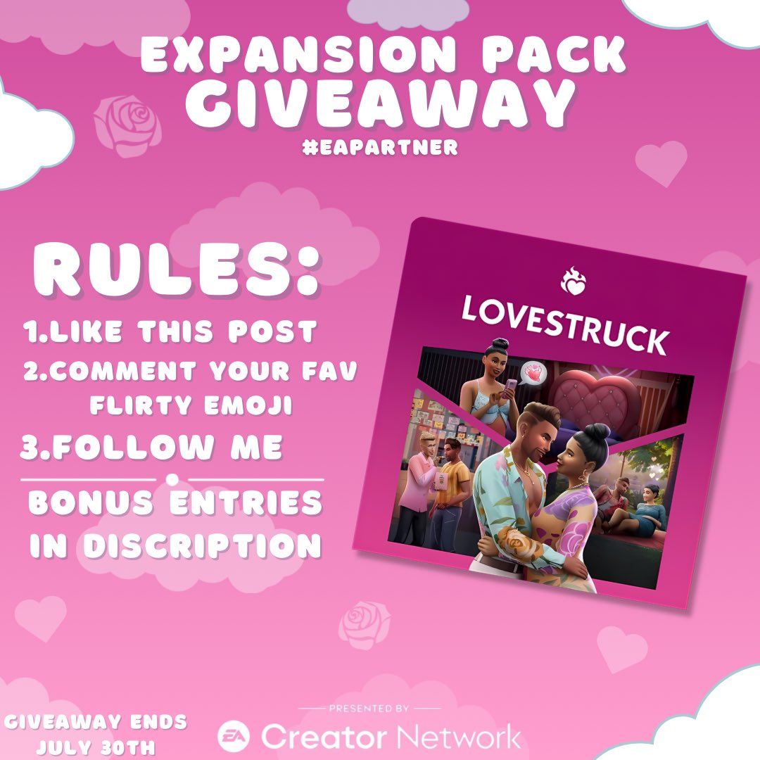 ytSimspiration's tweet photo. 🚨REMINDER🚨 #EAPartner | GIVEAWAY
Thank you so much to EA Creator Network for giving me the opportunity to do a giveaway for the new #Sims4 #LoveStruck
Expansion Pack!💕 👇🏼👇🏼👇🏼
(For all details) 
https://t.co/MuJiz5VFdK https://t.co/nqXKMlAFbv