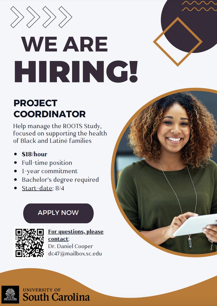 Francesca Lupini, M.S. (@lupinifrancesca) on Twitter photo Our lab is looking for a project coordinator to help manage a study focused on supporting Black and Latiné families in South Carolina! This would be ideal for folks looking for research experience before graduate school! <a href="/Dr_Dan_Cooper/">Daniel Cooper, Ph.D.</a> is a great mentor! Our lab is looking for a project coordinator to help manage a study focused on supporting Black and Latiné families in South Carolina! This would be ideal for folks looking for research experience before graduate school! <a href="/Dr_Dan_Cooper/">Daniel Cooper, Ph.D.</a> is a great mentor!