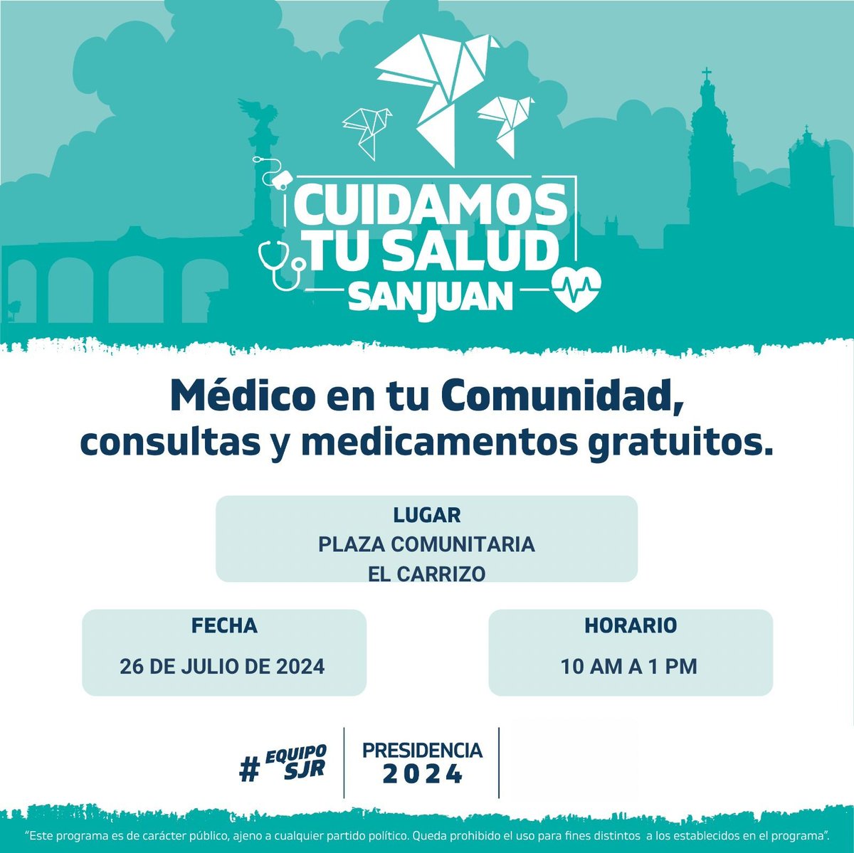 PresidenciaSjr's tweet photo. 👉 Te invitamos a recibir consultas y medicamentos con “Médico en tu Comunidad”. Asiste este viernes 26 de julio, de 10 AM a 1 PM, y aprovecha este servicio para cuidar de tu salud. #EquipoSJR #Presidencia2024 🩺 https://t.co/NlalLeJR6c