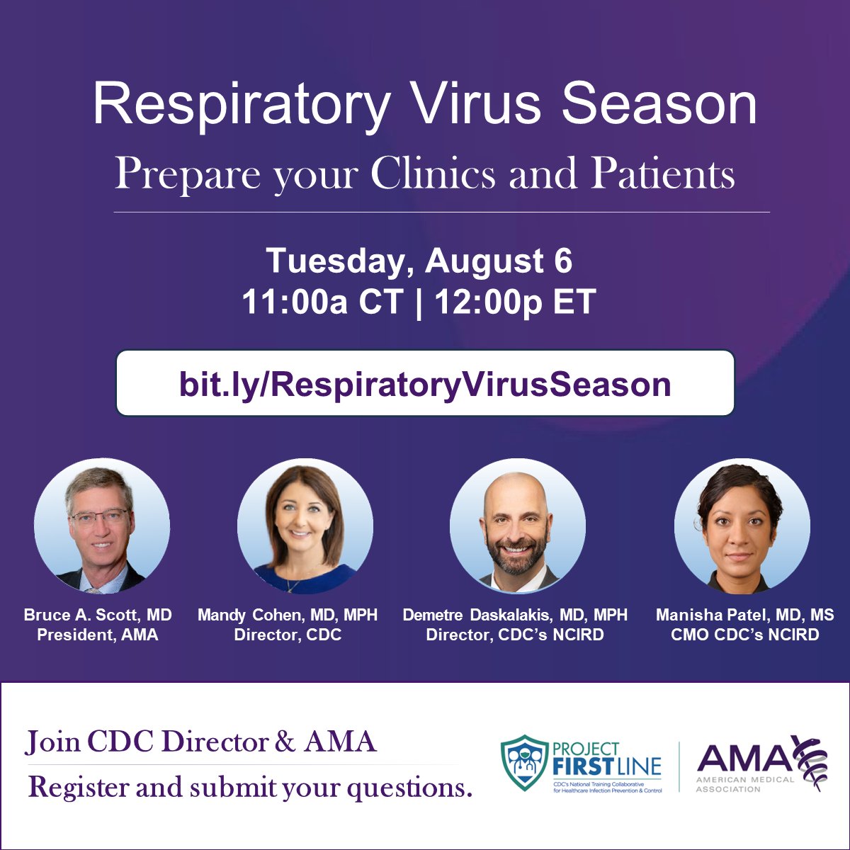 #HCWs: Join experts from <a href="/CDCgov/">CDC</a>, including <a href="/CDCDirector/">CDC Director</a> Dr. Mandy Cohen, and <a href="/AmerMedicalAssn/">AMA</a> on Aug. 6 for a discussion on how to protect your patients and yourselves from #flu, #COVID19, and #RSV this respiratory virus season. 
Register now: bit.ly/RespiratoryVir…