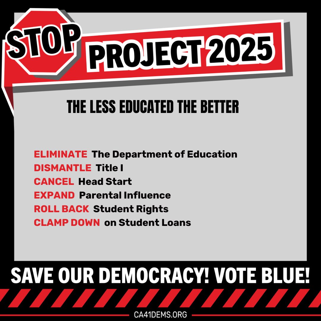 Project 2025 stands for giving parents outsized influence education, not teaching true history and taking away students’ rights. VOTE BLUE. #ca41dems #VoteBlue