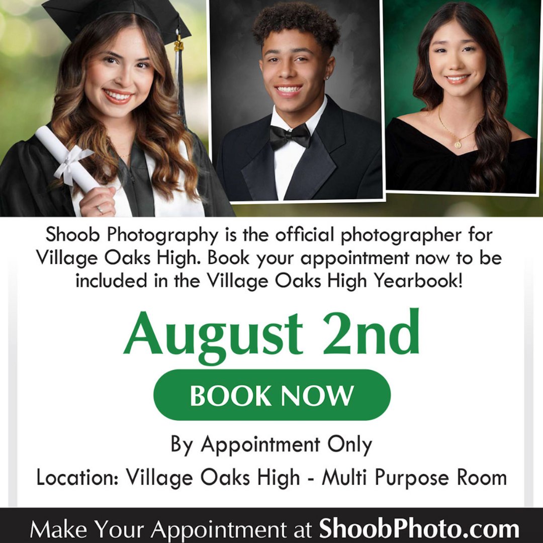 Class of 2025: It's time to make appointments for your senior portraits! You will need your student ID number to sign up for a photo on Friday, August 2. To register, you can go to Shoob Photography's website: shoobphoto.com/c/schedule-app…