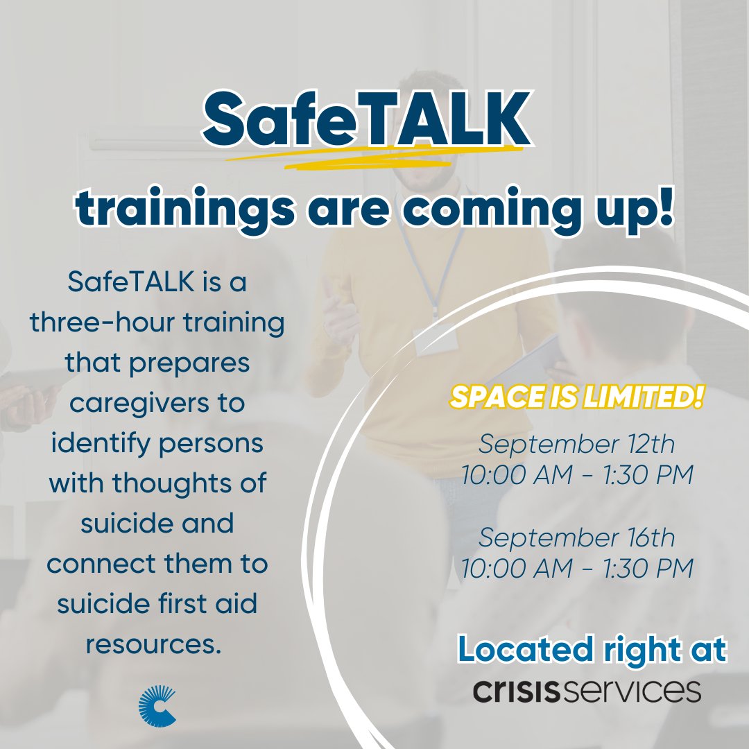Crisis_Services's tweet photo. Crisis Services will be hosting two #SafeTALK trainings in September! To sign up, please click the following link and select either the 9/12 or 9/16 training dates for "Erie" in the location column: https://t.co/VCD2VIeTIP
#MentalHealthSupport #BuffaloNY https://t.co/bg2K18Z7XA