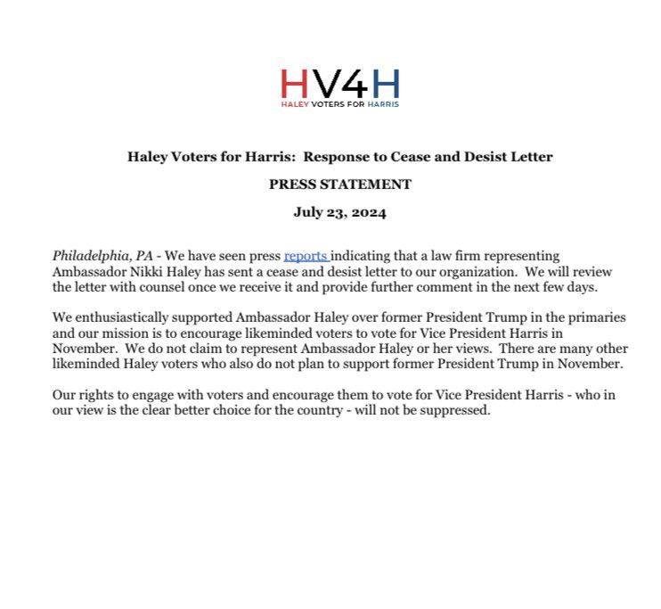 We enthusiastically supported <a href="/NikkiHaley/">Nikki Haley</a> over former President Trump in the primaries.

Our rights to engage with likeminded voters and encourage them to vote for <a href="/KamalaHarris/">Kamala Harris</a> - the clear better choice for the country - will not be suppressed.

Statement below: