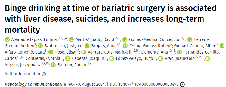 Alcohol is extra toxic to the liver after bariatric surgery because of decreased metabolism of ethanol by the bypassed stomach

Screen for binge drinking in people who are undergoing or have received bariatric surgery

journals.lww.com/hepcomm/fullte…