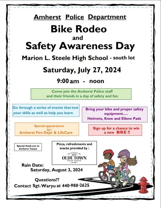 Amherst, Ohio Police Department (@amherstpolice) on Twitter photo The Amherst Police Bike Rodeo is this weekend! Come out and join us, the <a href="/AmherstFireDept/">Amherst, Ohio Fire Department</a> and LifeCare for a fun morning! Pizza, refreshments and snacks will be provided by Olde Town Pizza House. The Amherst Police Bike Rodeo is this weekend! Come out and join us, the <a href="/AmherstFireDept/">Amherst, Ohio Fire Department</a> and LifeCare for a fun morning! Pizza, refreshments and snacks will be provided by Olde Town Pizza House.